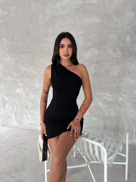 Tek Omuzlu Kolsuz Mini Boy Elbise - Siyah ürün görseli 1