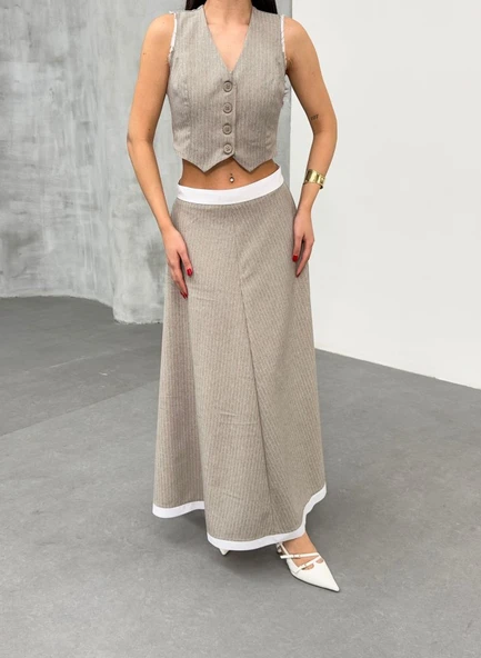 Gi̇o Çi̇zgi̇li̇ Garni̇li̇ Mi̇di̇ Etek Yelek Takim - Resim 4