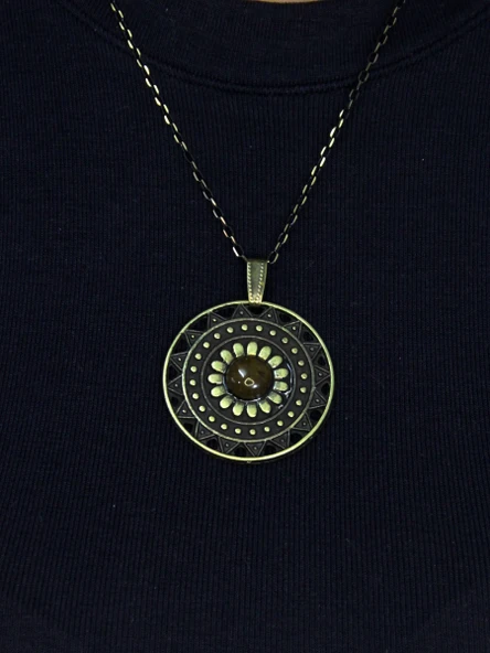 Doğal Taş Sitrin Doğal Taşlı Yuvarlak Model Antik Kadın Kolye euk46s - Resim 2