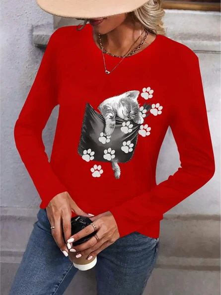 Kadın Uzun Kollu Bisiklet Yaka Desenli Viskon Bluz ürün görseli 1