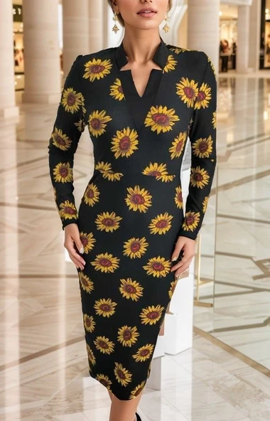 Kadın Uzun Kollu V Yaka Puantiyeli Krep Midi Boy Elbise - Resim 5