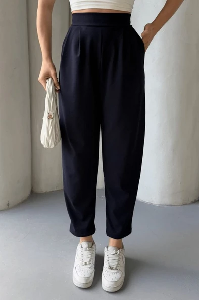 Kadın Scuba Krep Likralı Yan Fermuarlı Lastikli Harem Pantolon - Resim 2