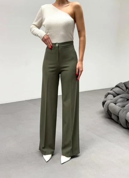 230 Gr Poly Viscose Lycra Metal Düğme Palazzo Pantolon - Resim 3