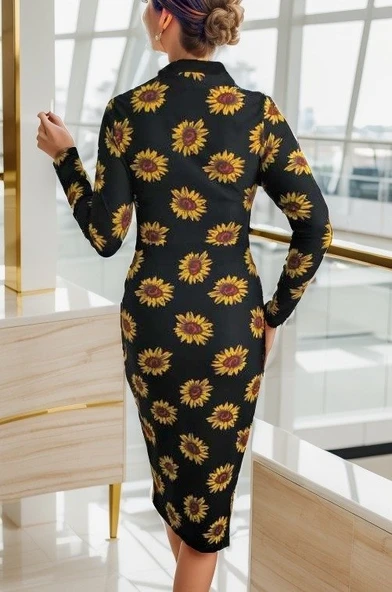 Kadın Uzun Kollu V Yaka Puantiyeli Krep Midi Boy Elbise - Resim 7