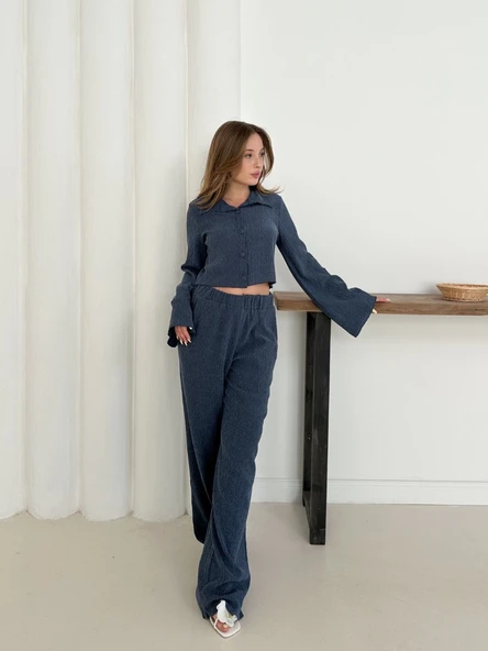 Gömlek yaka kaplama düğmeli takım lacivert - Resim 12