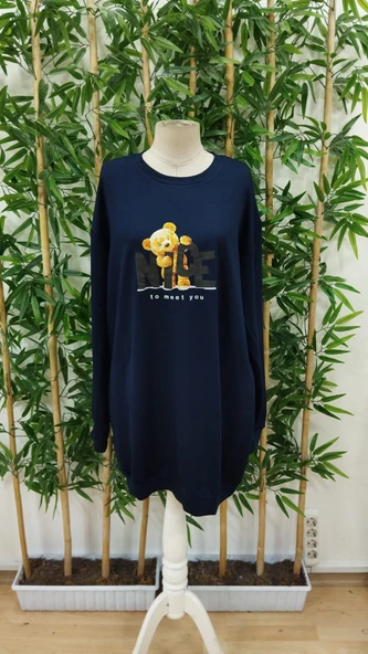 Kadın Uzun Kollu Bisiklet Yaka Ayı Desenli Viskon Iki Iplik Elbise - Resim 4