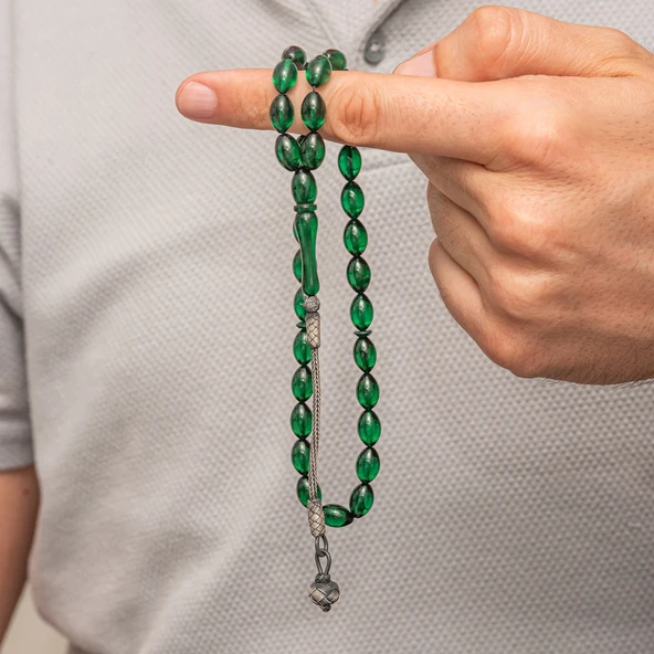 Gümüş Yeşil Kazaz Püsküllü Sıkma Kehribar Tesbih - 4