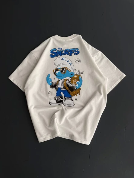 Ön Ve Arka Baskılı Oversize Bisiklet Yaka T-shirt- Beyaz - Resim 2