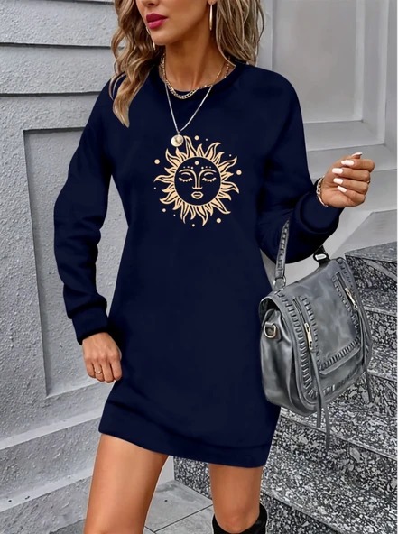 Kadın Uzun Kollu Bisiklet Yaka Güneş Desenli Viskon Iki Iplik Elbise ürün görseli 1