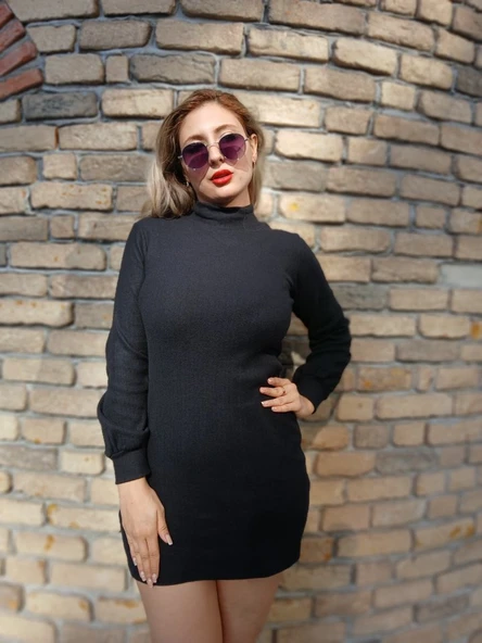 Kadın Uzun Kollu Balıkçı Yaka şardonlu Kaşkorse Elbise - Resim 12