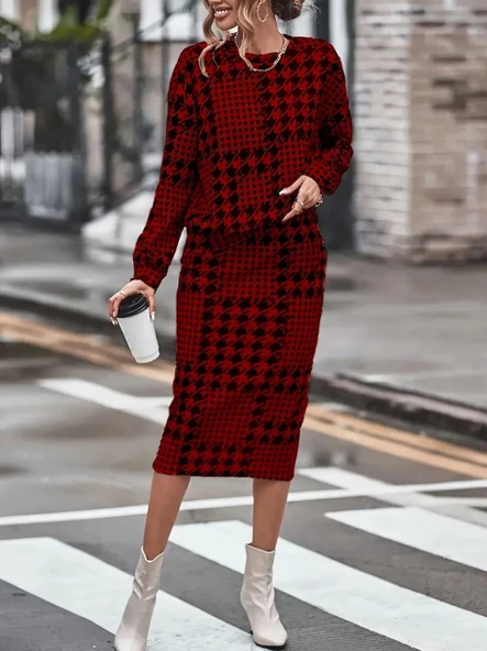 Kadın Uzun Kollu Bisiklet Yaka şardonlu Dalgıç Bluz Ve Yırtmaçlı Midi Etek Takım ürün görseli