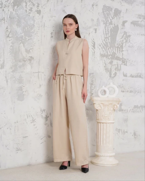 Broşlu yelek pantolon takım bej s255821 - Resim 6