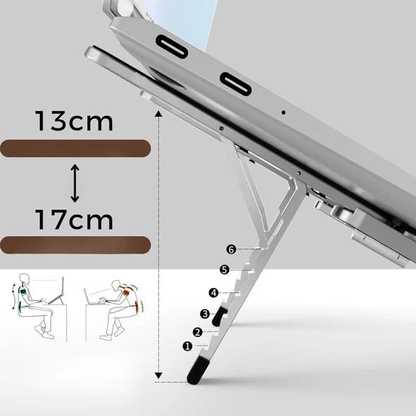 Katlanabilir Alüminyum Laptop Stand 6 Kademeli Ergonomik Yükseltici Cep Boyu Taşınabilir - Resim 9