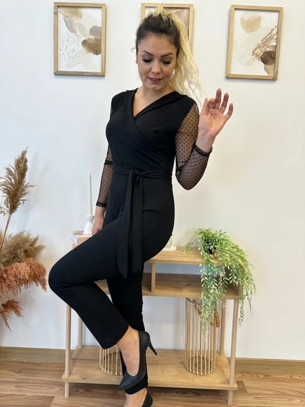 Krep Kumaş Kol Tül Puan Detaylı Kuşaklı Tulum 141 Cm - Resim 5