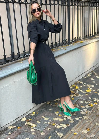 Kadın Uzun Kollu Yakalı önden Düğmeli Beli Metal Kemerli Dokuma Maksi Elbise - Resim 5