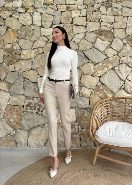 Kadın Yüksek Bel Dar Paça Kemer Dahil Kumaş Pantolon ürün görseli 1