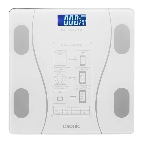 ASONIC BS260, Beyaz, Bluetooth Destekli, Baskül. LCD Gösterge, 260x260mm, 180Kg a kadar ölçme. - 2