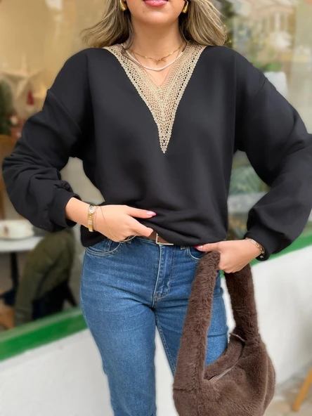 Kadın Uzun Kollu V Dantel Yaka şardonsuz üç Iplik Bluz - Resim 4