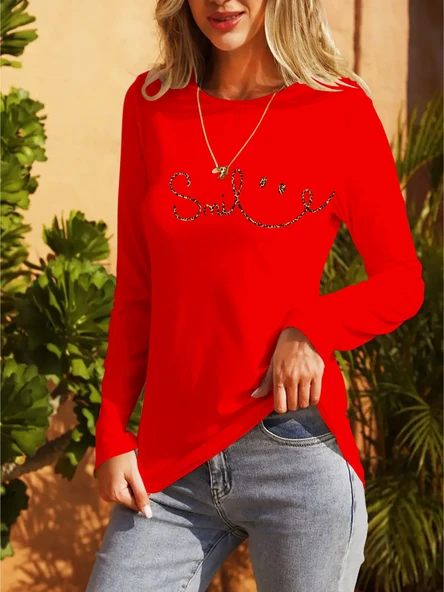 Kadın Uzun Kollu Bisiklet Yaka Gülümseyen Surat Desenli Viskon Bluz ürün görseli 1