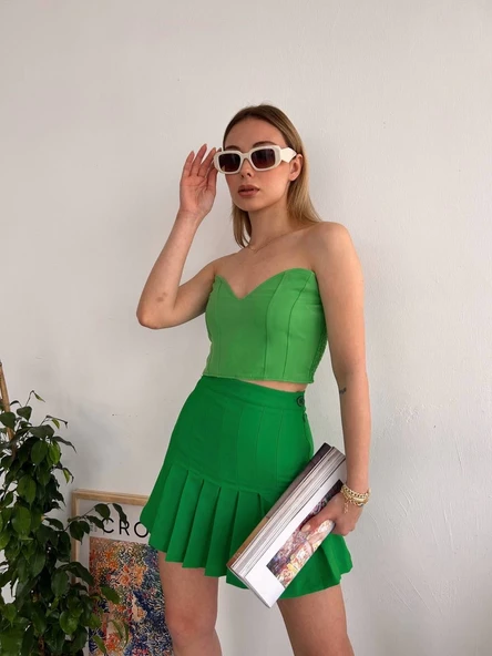 Pileli düğmeli etek açık yeşil s24811 - Resim 6