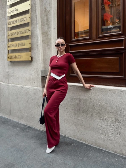 Düğme yakalı bordo alt üst takım s3943 - Resim 6