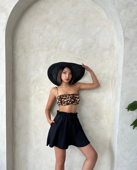 Volanlı keten şort siyah s255058 - Resim 6