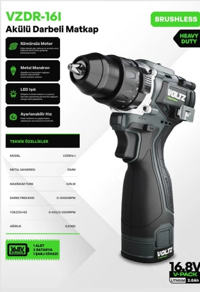 Voltz VZDR-16I Akülü Darbeli Maktap - 50NM - Kömürsüz - Ağır Hizmet - 10 mm Metal Mandren - Led Işık - Aya ürün görseli