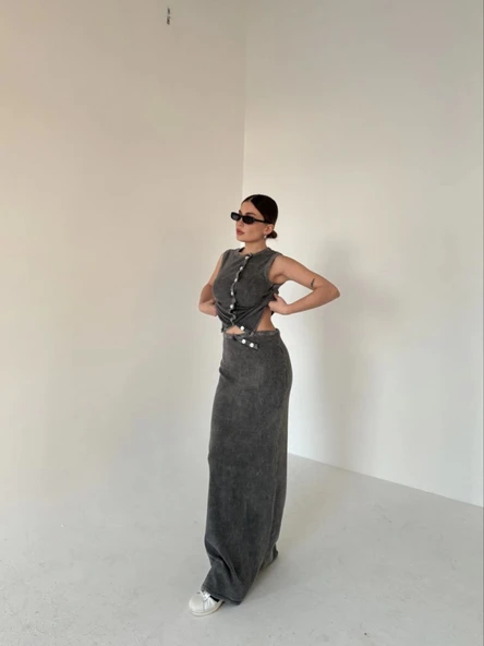 Uzun Etekli Önü Düğmeli Badi İkili Takım- Antrasit ürün görseli 1