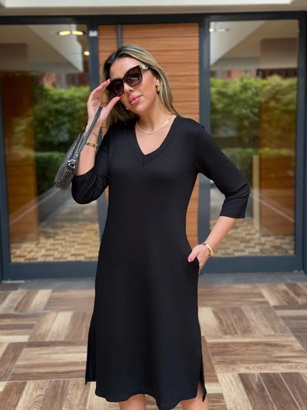 Kadın Uzun Kollu V Yakalı Yanlardan Yırtmaçlı Viskon Iki Iplik Midi Elbise - Resim 2