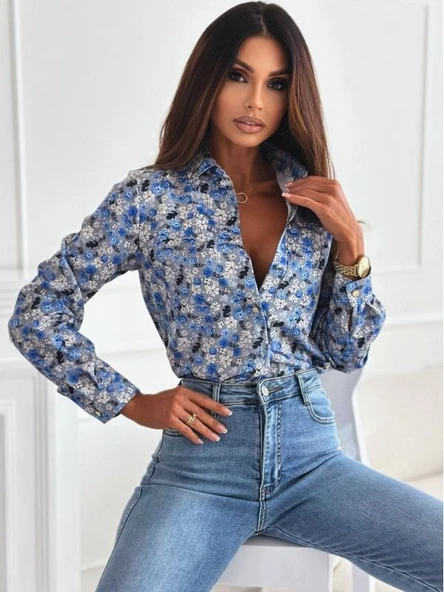 Kadın Uzun Kol Cep Detay çiçek Baskılı Mosskrep Kumaş Gömlek ürün görseli