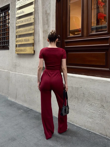 Düğme yakalı bordo alt üst takım s3943 - Resim 2