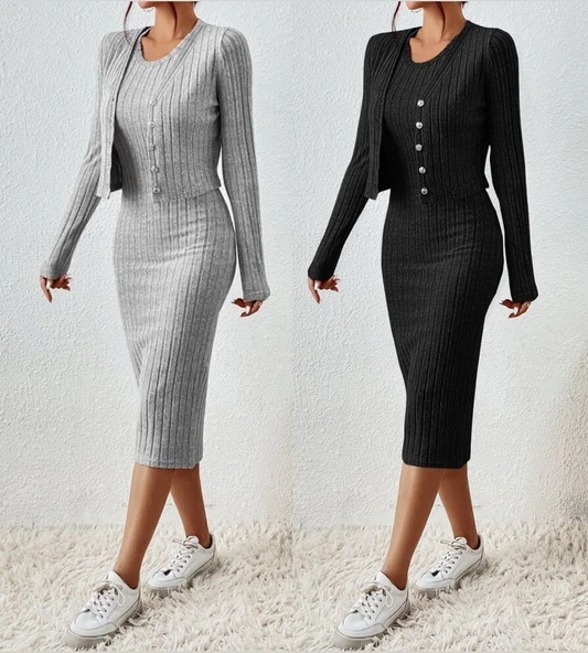 Kadın Uzun Kollu şardonlu Kaşkorseönü Düğmeli Mini Boy Elbise Ikili Takım - Resim 8