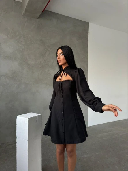 Kadın Uzun Kollu Balıkçı Yaka Göğüs Detay Diz üstü Elbise ürün görseli 1