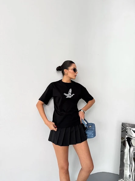 Kısa Kol Baskılı T-shirt - Siyah - Resim 4