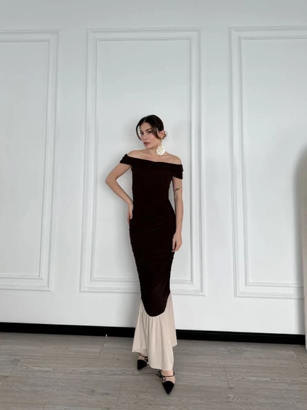 Striptiz Omuzlu Uzun Elbise- Kahve ürün görseli 1