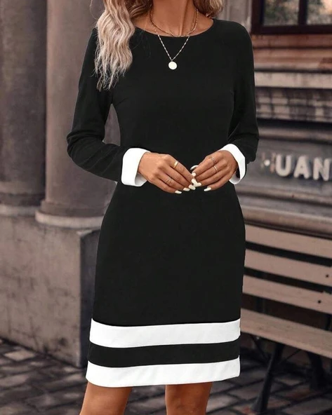 Kadın Uzun Kollu Bisiklet Yaka Kol Ve Tek Ucu şeritli Ithal Krep Midi Elbise - Resim 2