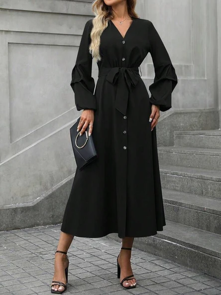 Kadın Uzun Kollu Derin V Yakalı Belden Kuşaklı önden Düğmeli Janjan Krep Elbise ürün görseli 1