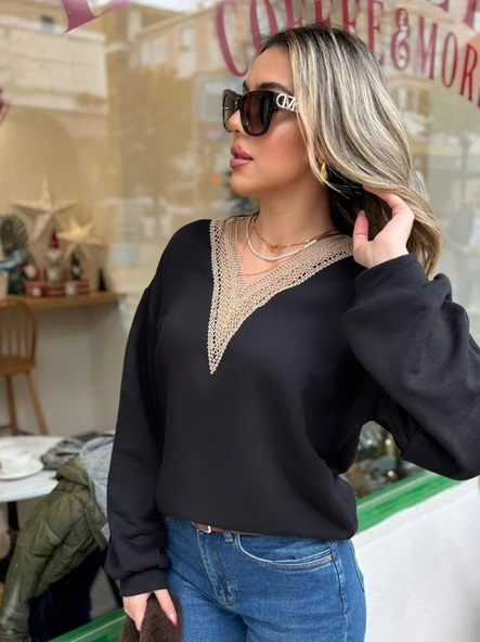 Kadın Uzun Kollu V Dantel Yaka şardonsuz üç Iplik Bluz - Resim 3