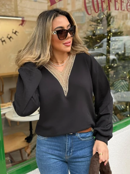 Kadın Uzun Kollu V Dantel Yaka şardonsuz üç Iplik Bluz ürün görseli 1