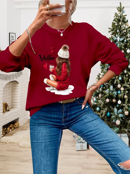 Kadın Yılbaşı özel Uzun Kollu Bisiklet Yaka Desenli Viskon Iki Iplik Bluz ürün görseli 1