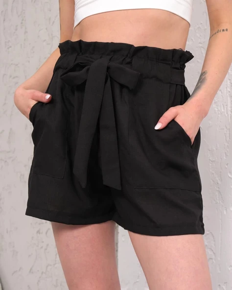 Kuşaklı keten şort siyah s255265 ürün görseli