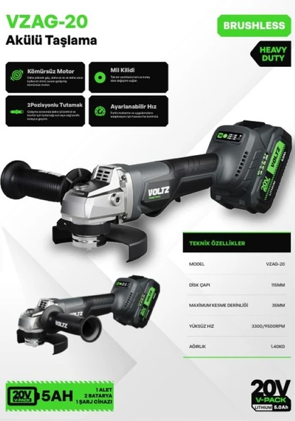 Voltz VZAG-20 Akülü Taşlama - Kömürsüz - Ağır Hizmet - Mil Kilidi - 2 Pozisyonlu Tutamak - Ayarlanabilir H ürün görseli
