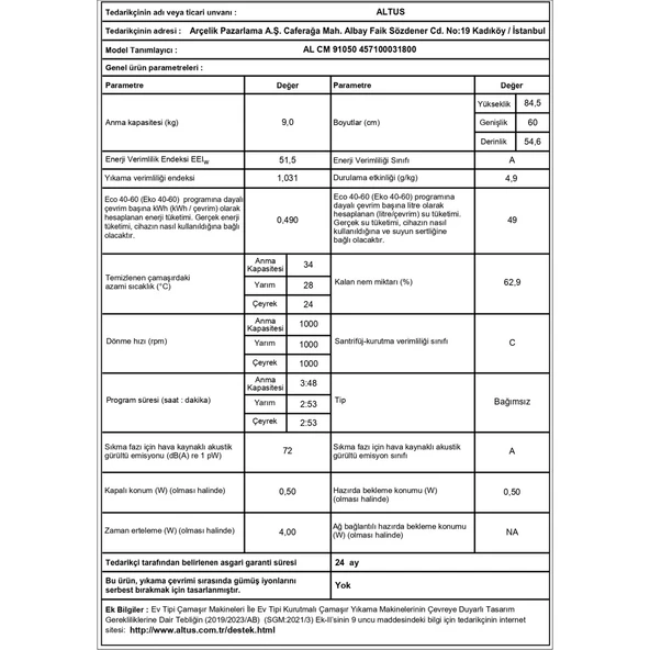 Altus AL CM 91050 1000 Devir 9 kg Çamaşır Makinesi - Resim 5