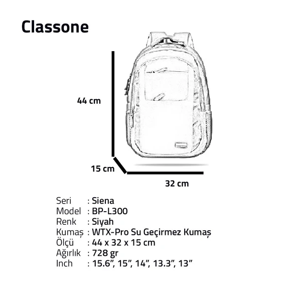Classone BP-L300 Siena Serisi WTXpro Su Geçirmez Kumaş 15,6" Uyumlu Laptop, Notebook Çantası - Resim 5