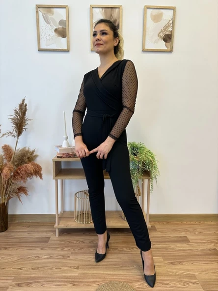 Krep Kumaş Kol Tül Puan Detaylı Kuşaklı Tulum 141 Cm ürün görseli 1