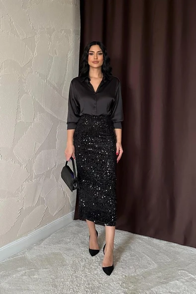 Siyah Pulpayetli Parlak Etek - Resim 2