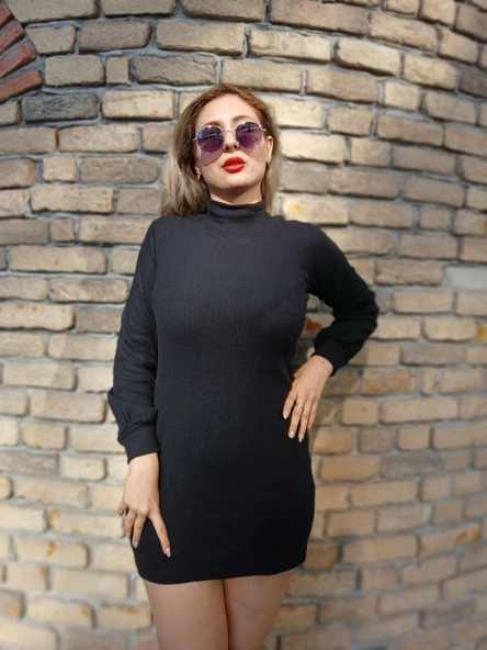 Kadın Uzun Kollu Balıkçı Yaka şardonlu Kaşkorse Elbise - Resim 3