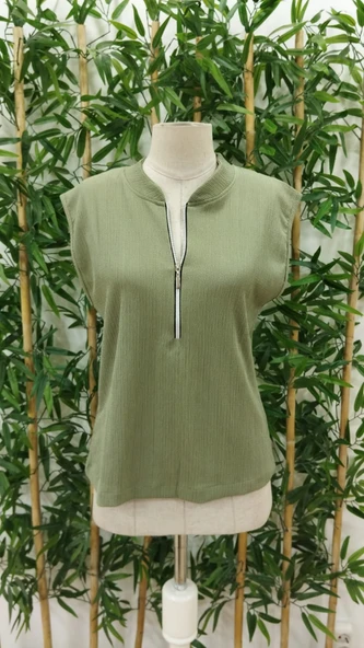 Kadın Hakim Yaka Fermuarlı Bürümcük Bluz - Resim 4