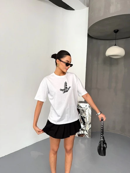 Kısa Kol Baskılı T-shirt - Beyaz - Resim 3