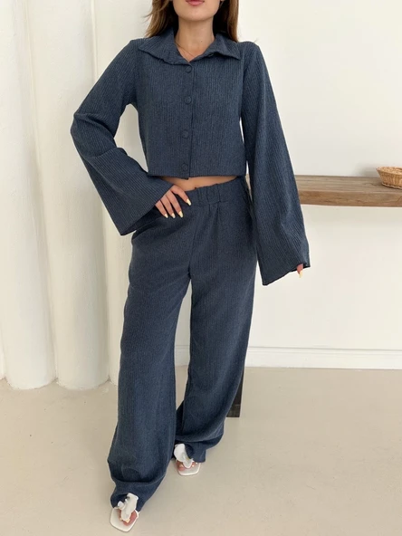 Gömlek yaka kaplama düğmeli takım lacivert - Resim 3